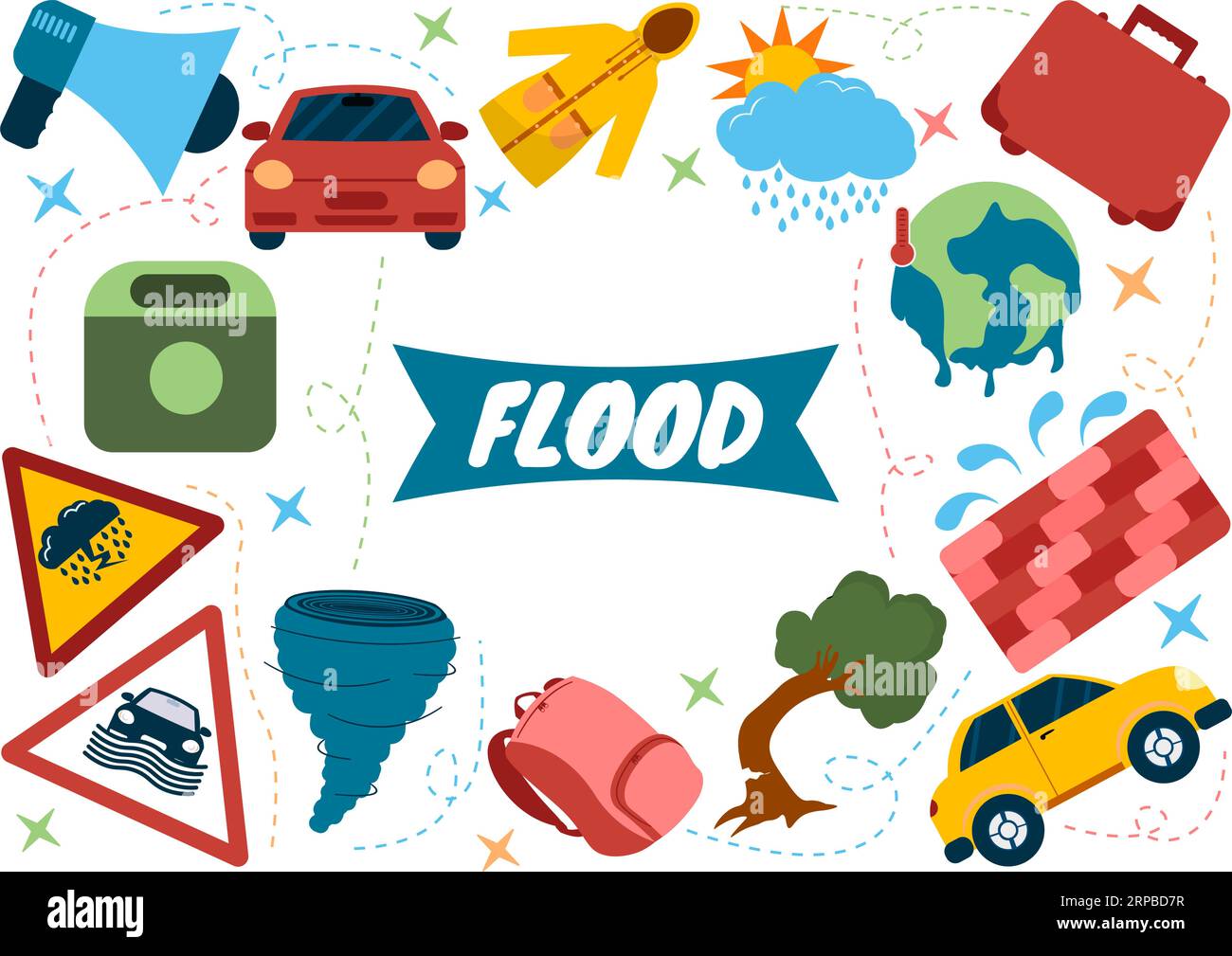 L'illustrazione vettoriale delle inondazioni della tempesta ha seminato il caos e inondato la città con case e auto che affondano in modelli di sfondo di cartoni animati piatti Illustrazione Vettoriale