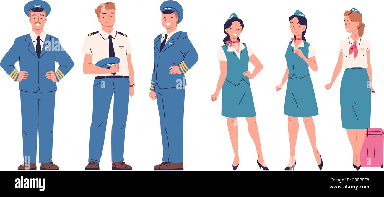 Equipaggio aereo. Personale della compagnia aerea, comandante di aeromobili pilota di aerei o assistente hostess di volo squadra di aviazione occupazione di lavoratori in uniforme, illustrazione vettoriale dell’equipaggio e del personale professionale dell’aviazione Illustrazione Vettoriale