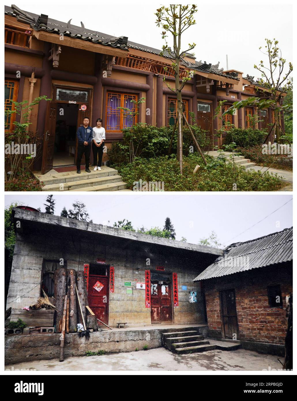 (190608) -- GUIYANG, 8 giugno 2019 (Xinhua) -- la foto combinata scattata il 6 giugno 2019 mostra Wang Yongze e sua moglie in posa per una foto nella loro nuova casa nella città di A-mei Qituo (UP) e la vecchia dimora di Wang Yongze nella città di Sanbao della contea di Qinglong, nella provincia di Guizhou nella Cina sud-occidentale. Abbandonando le loro malandate dimore collinari costruite su ripidi pendii, gli abitanti poveri di Sanbao abbracciano una vita migliore. Le famiglie colpite dalla povertà nella città di Sanbao si sono trasferite in nuove case nella città di A-mei Qituo con l'aiuto del governo locale. (XINHUA/YANG WENBIN) CINA-GUIZHOU-YI GRUPPO ETNICO-TOWN-RELOCATION-A-MEI QITUO (CN) Foto Stock