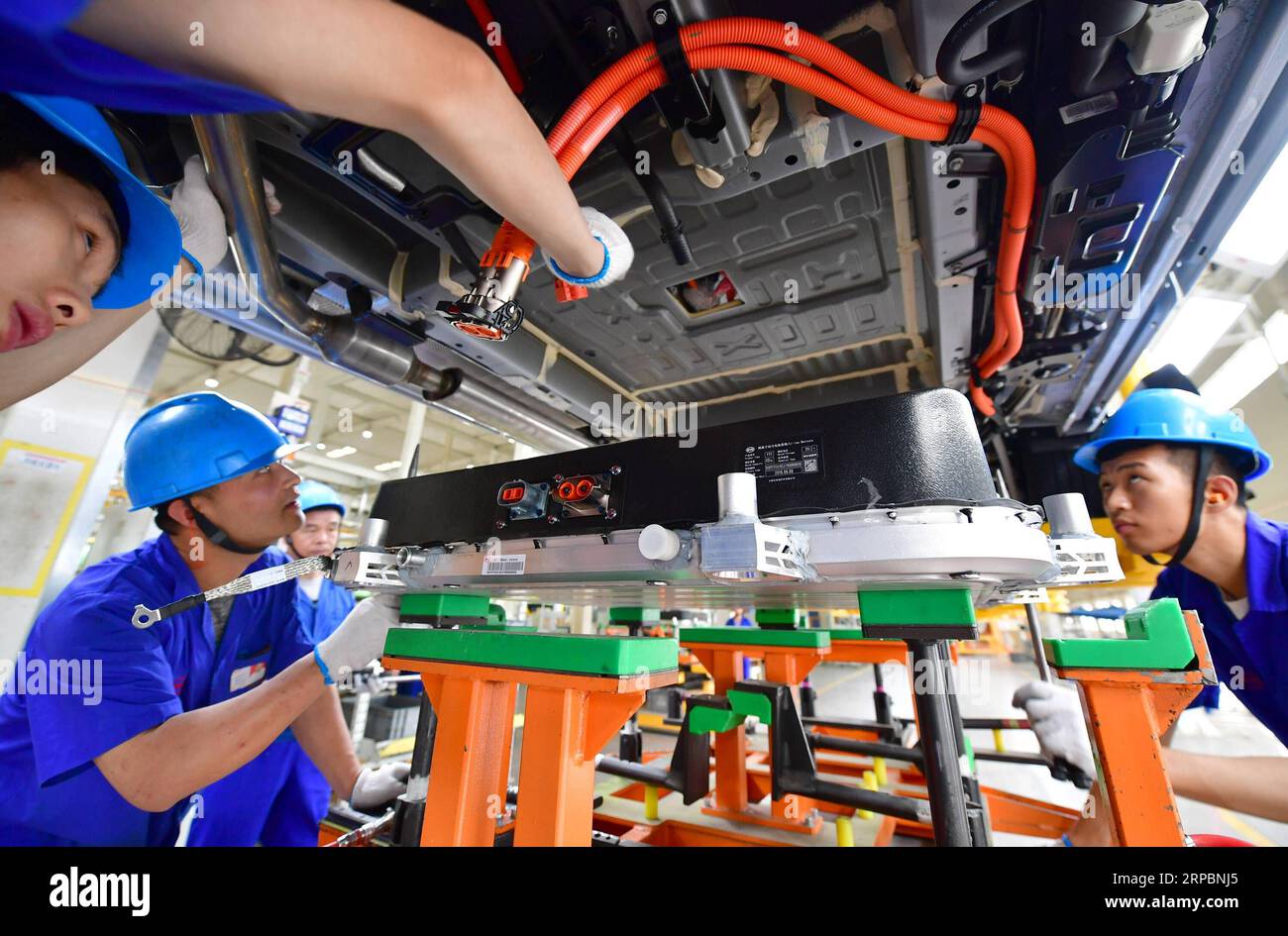 (190613) -- XI AN, 13 giugno 2019 (Xinhua) -- i lavoratori dell'Assemblea installano il pacco batterie per un nuovo veicolo energetico presso lo stabilimento Xi An di BYD Auto a Xi An, provincia dello Shaanxi della Cina nord-occidentale, 12 giugno 2019. Secondo la China Passenger Car Association, le vendite di veicoli a nuova energia (NEV) hanno continuato a crescere il mese scorso, raggiungendo il 1,8% anno dopo anno. All'inizio di questo mese il governo ha annunciato misure per aumentare le vendite di auto, come il divieto alle amministrazioni locali di imporre limiti al consumo e all'uso di veicoli NEV. (Xinhua/Shao Rui) CHINA-NEW ENERGY VEHICLES-SALES (CN) PUBLICATIONxNOTxINxCHN Foto Stock