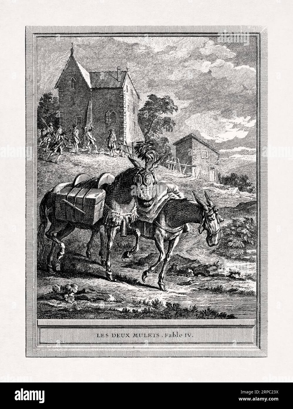 Illustrazione realizzata da Jean-Baptiste Oudry nel 1755 per le Favole di la Fontaine, denominate i due muli. Foto Stock