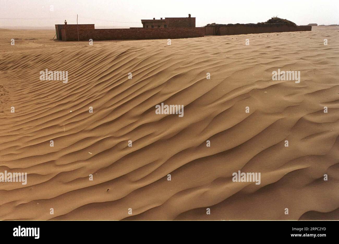 (190622) -- YINCHUAN, 22 giugno 2019 (Xinhua) -- la foto del file scattata nell'aprile 2002 mostra le case degli abitanti del villaggio circondate da dune di sabbia al Liming Village di Maerzhuang Township nella contea di Yanchi, nella regione autonoma Ningxia Hui della Cina nordoccidentale. Situata sul margine meridionale del deserto di Maowusu, la contea di Yanchi era un tempo devastata dalla povertà e soffriva di desertificazione. Ma dopo anni di sforzi, l'ambiente è stato ripristinato, e anche la contea ha scosso la povertà. (Xinhua/Liu Quanlong) CHINA-NINGXIA-YANCHI-POVERTY ELIMINATION (CN) PUBLICATIONxNOTxINxCHN Foto Stock