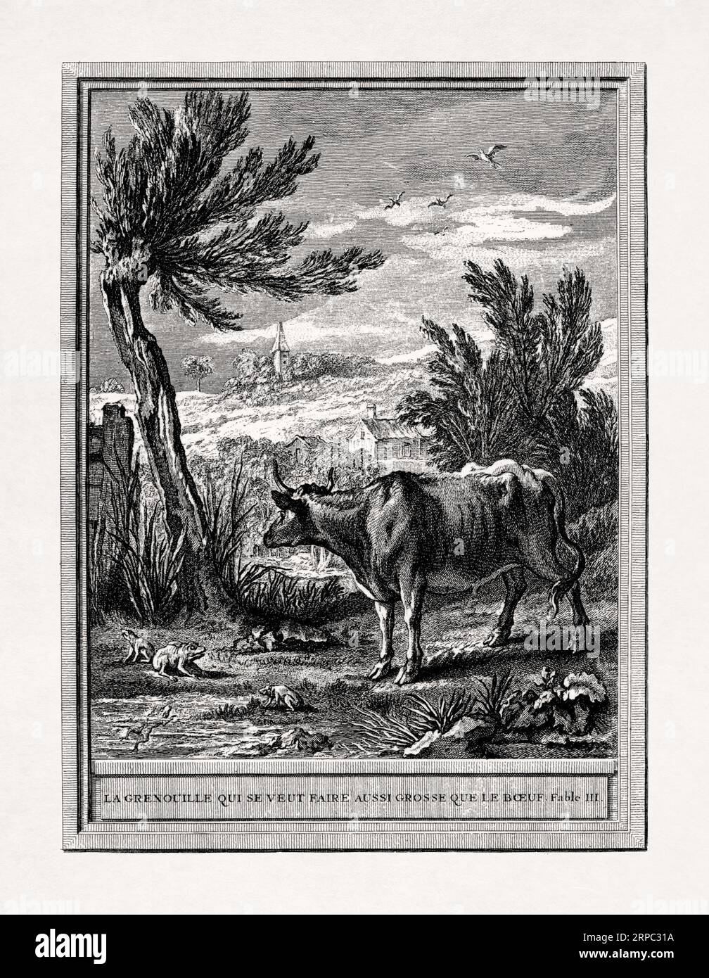 Illustrazione fatta da Jean-Baptiste Oudry nel 1755 per le Favole di la Fontaine, chiamate la rana e il bue. Foto Stock