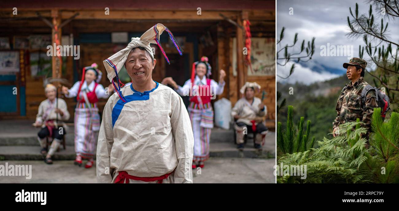 (190626) -- KUNMING, 26 giugno 2019 -- la foto combinata mostra il ritratto di Chen Lijun, del gruppo etnico Nu (L, foto scattata il 22 giugno 2019), e Chen pattuglia la foresta nel villaggio di Shuangla di Bingzhongluo Township, contea di Gongshan, provincia dello Yunnan della Cina sud-occidentale (R, foto scattata il 23 giugno 2019). Le minoranze zhiguo sono membri speciali dei 56 gruppi etnici cinesi. Il termine Zhiguo si riferisce a gruppi minoritari che, prima della modernizzazione, avevano vissuto in relativo isolamento e saltato il periodo di transizione associato alla monarchia feudale. Lo Yunnan è una delle principali aree concentrate delle minoranze Zhiguo, tra cui Foto Stock