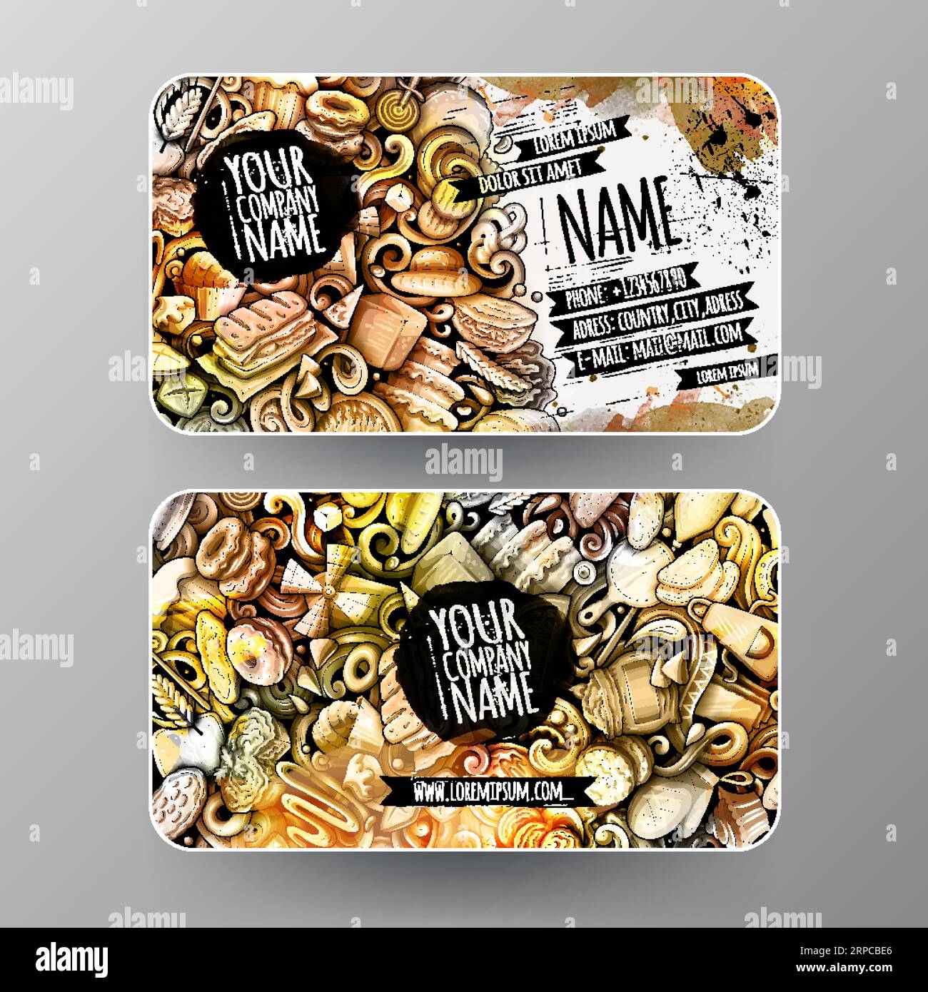 Grafica cartoon acquerello vettoriale Doodles identità aziendale Bakery. design con 2 schede id. Set di modelli Illustrazione Vettoriale
