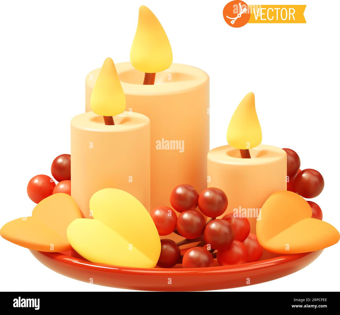 Candele Vector autunnali con foglie. Decorazioni autunnali, candele in fiamme, foglie gialle e arancioni, frutta di rosa di maggiore Illustrazione Vettoriale