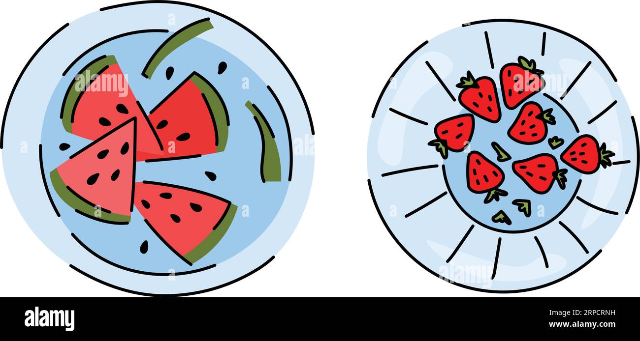 Piatti con fragole e anguria con vista dall'alto Illustrazione Vettoriale