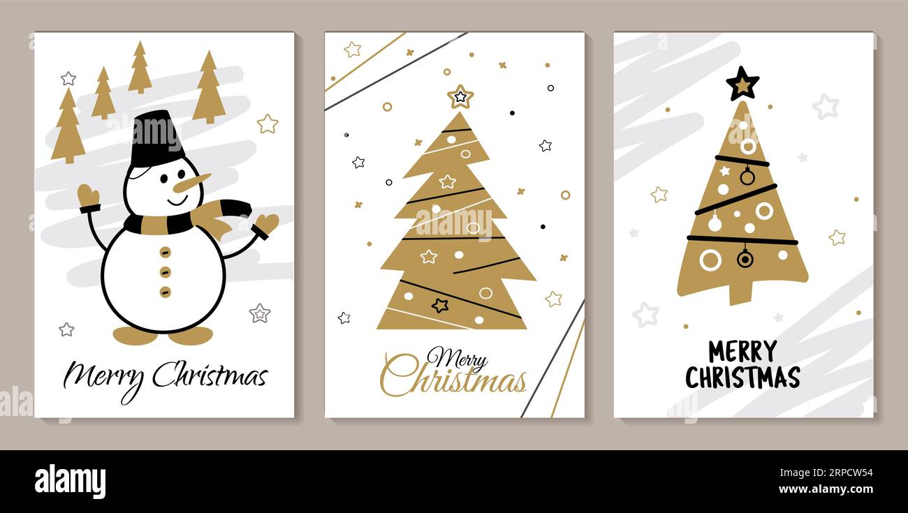 Cartoline o poster natalizi, disegnati a mano. Con alberi di Natale dorati, pupazzi di neve, fiocchi di neve, palle e stelle. Illustrazione vettoriale. Illustrazione Vettoriale