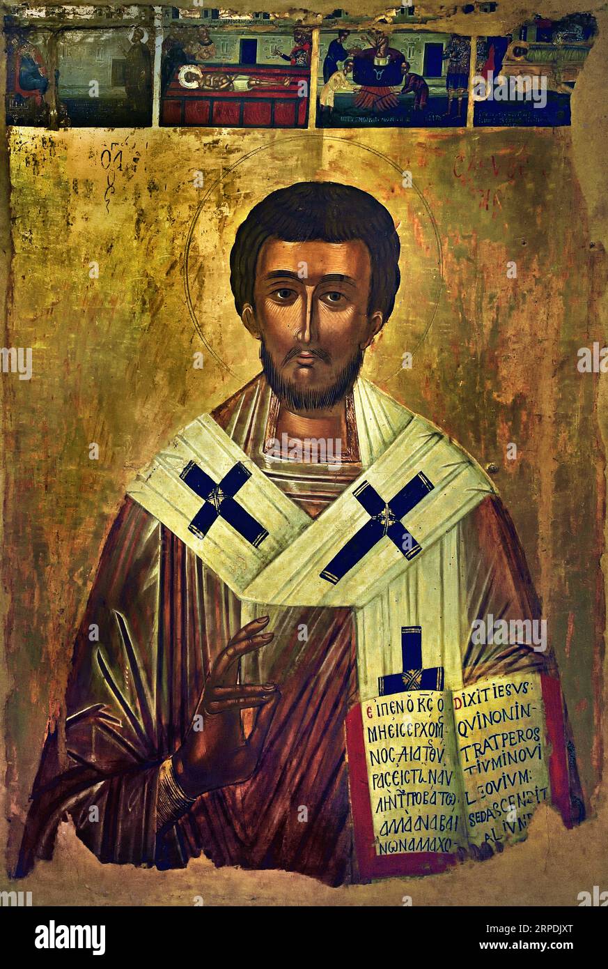 Icona di Sant'Ieromartire Eleuterio vescovo di Illiria Atene del XVI secolo Grecia Museo bizantino Chiesa ortodossa greca ( icona ) Eleuterio nacque a Roma negli ultimi anni del i secolo. Suo padre era al servizio imperiale dell'imperatore romano, ma sua madre Anthia era una cristiana che accettò Cristo attraverso la predicazione dei discepoli di San Paolo. Foto Stock