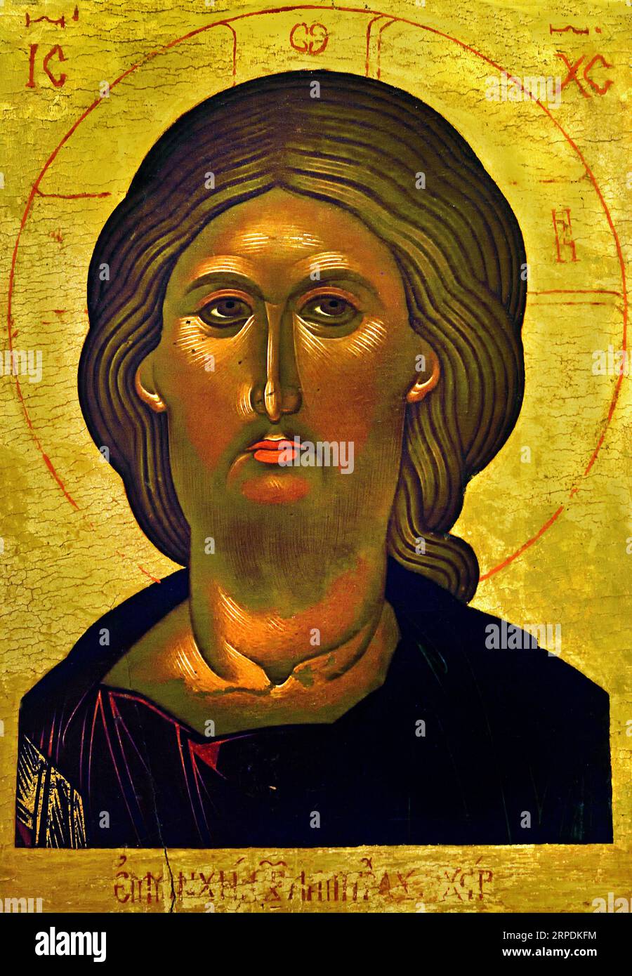Icona della testa di Cristo di Emmanuel Lambardos inizio XVII secolo Atene Grecia Museo bizantino Chiesa ortodossa greca ( icona ) Foto Stock