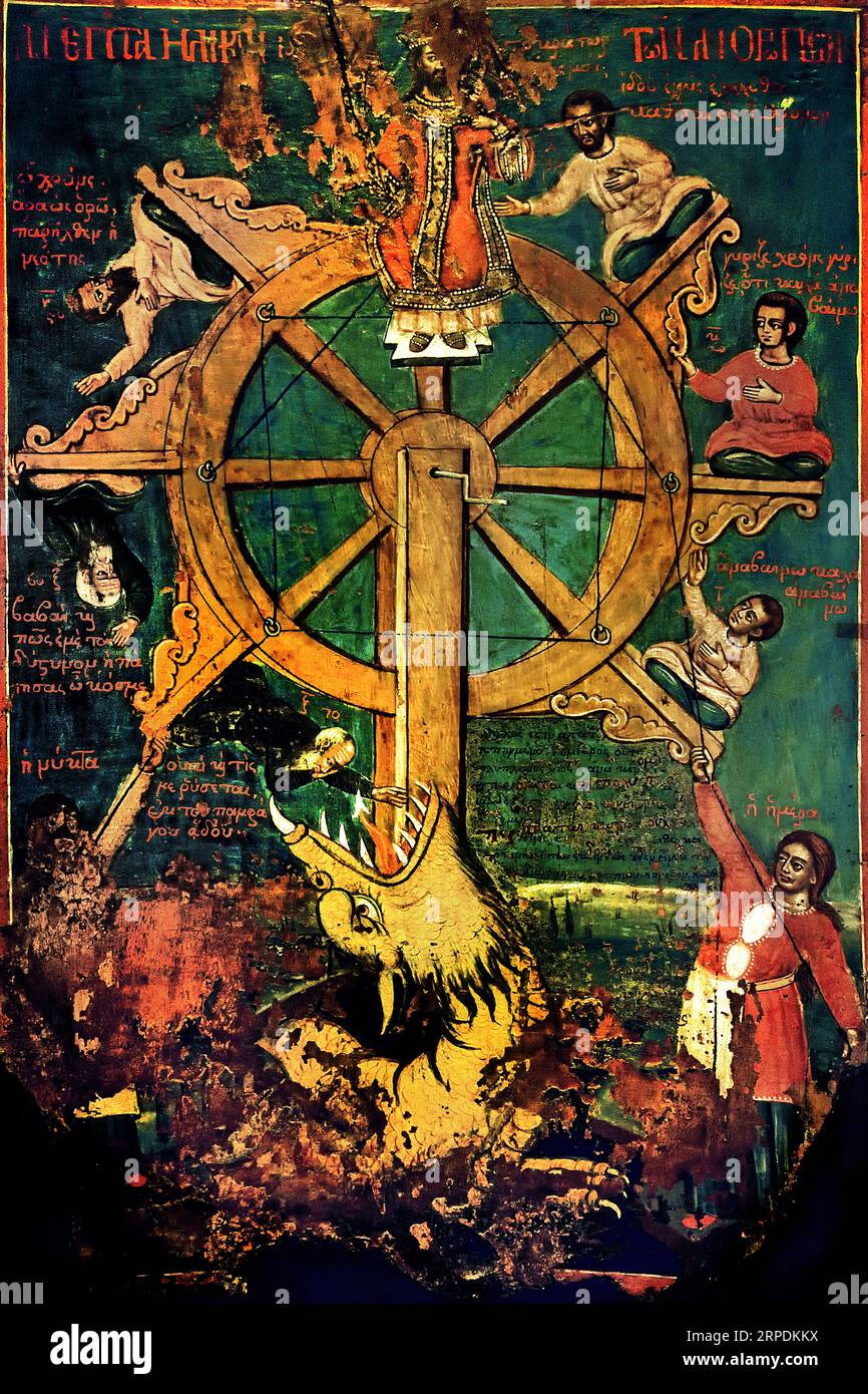 Le sette età dell'uomo Atene Grecia Museo bizantino Chiesa ortodossa greca ( icona ) allegorica. Tempo dalla nascita alla morte di ogni uomo: Alla periferia esterna di una ruota mobile siede personalizzato le sette età, una per ogni età , Drago simboleggiante la morte si prepara a divorare il rappresentante della settima età. Ai lati del drago ci sono due figure, simboli del giorno e della notte che muovono la ruota del tempo. Foto Stock