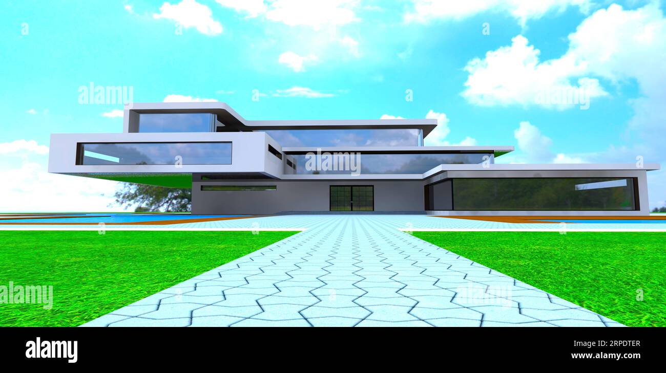 Nubi dense sopra la residenza suburbana dal design d'élite. Sentiero pavimentato in piastrelle di cemento per l'ingresso. rendering 3d. Foto Stock