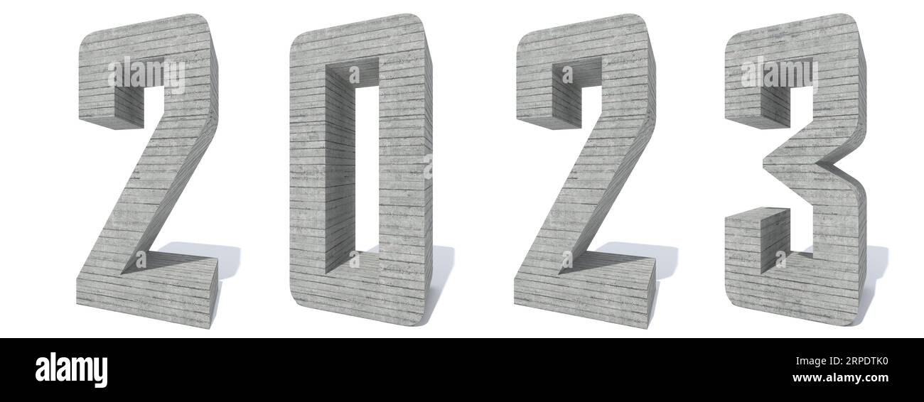 Concept o concettuale 2023 anni realizzato con font grezzo in calcestruzzo isolato su sfondo bianco. Un'illustrazione 3D astratta come metafora per il futuro Foto Stock