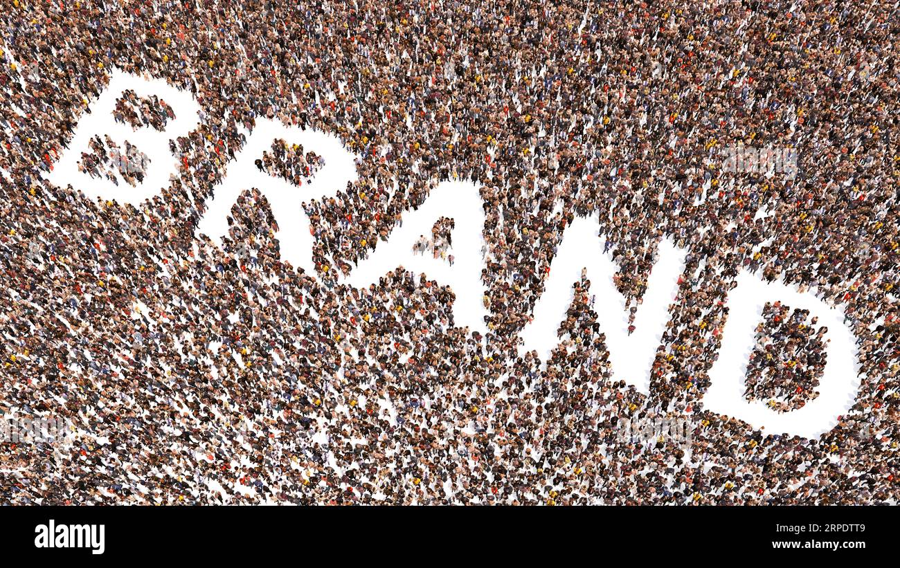 Grande comunità concettuale di persone che formano la parola MARCHIO. 3d metafora dell'illustrazione per il commercio, l'identità corporativa, il disegno moderno, marchio Foto Stock