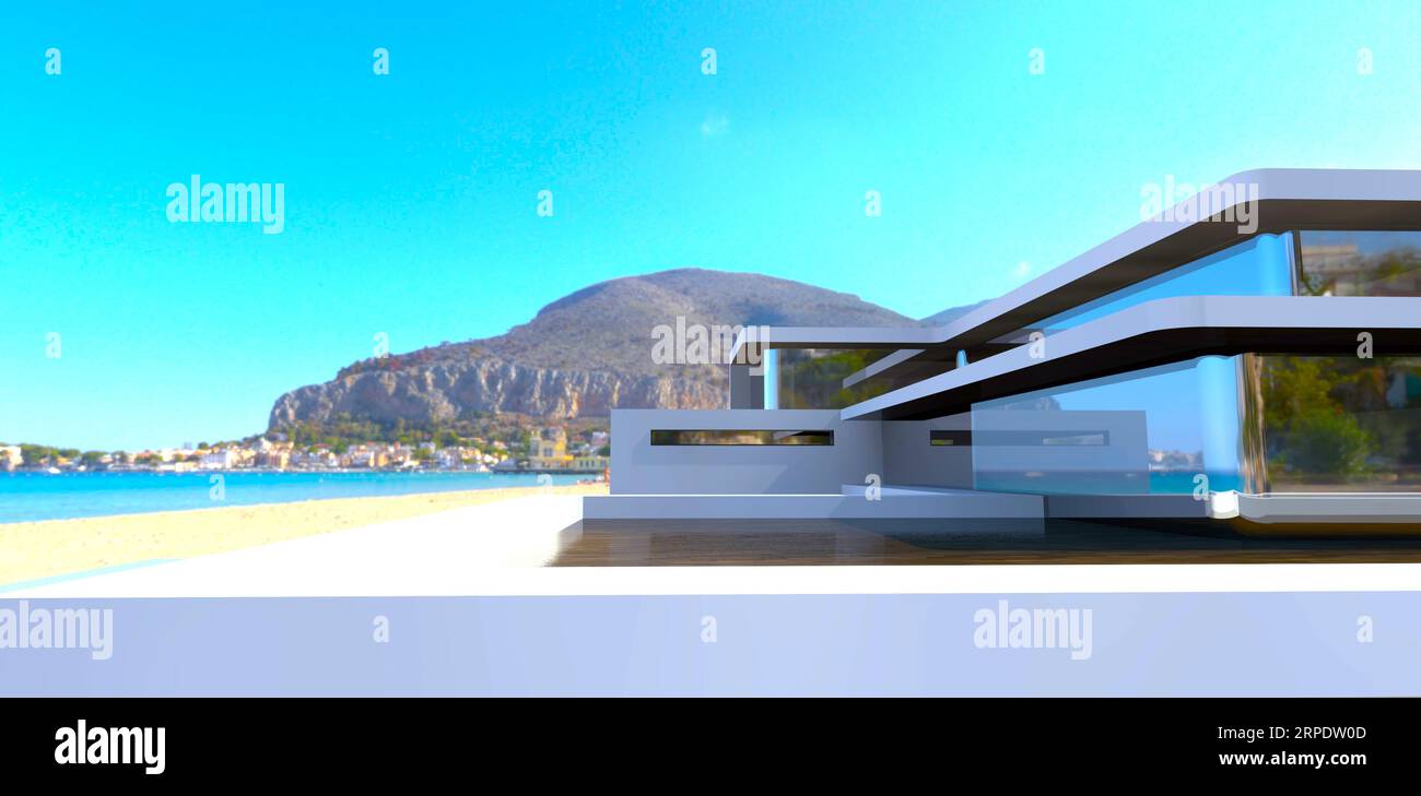 Residenza d'élite costruita sulla spiaggia di sabbia. Oceano blu e alta montagna sullo sfondo. rendering 3d. Foto Stock