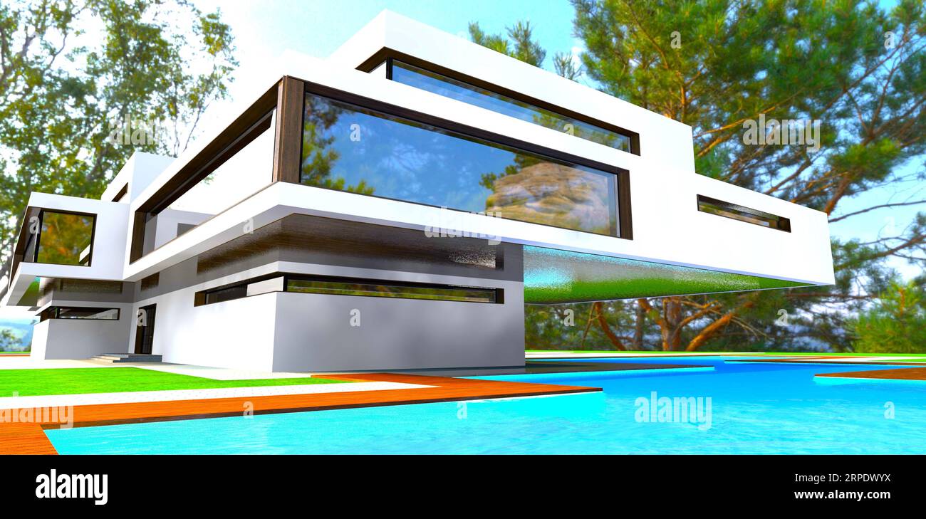 Moderno albergo di campagna con piscina, di forma contemporanea di facciata bianca. Densa pineta sullo sfondo. rendering 3d. Foto Stock