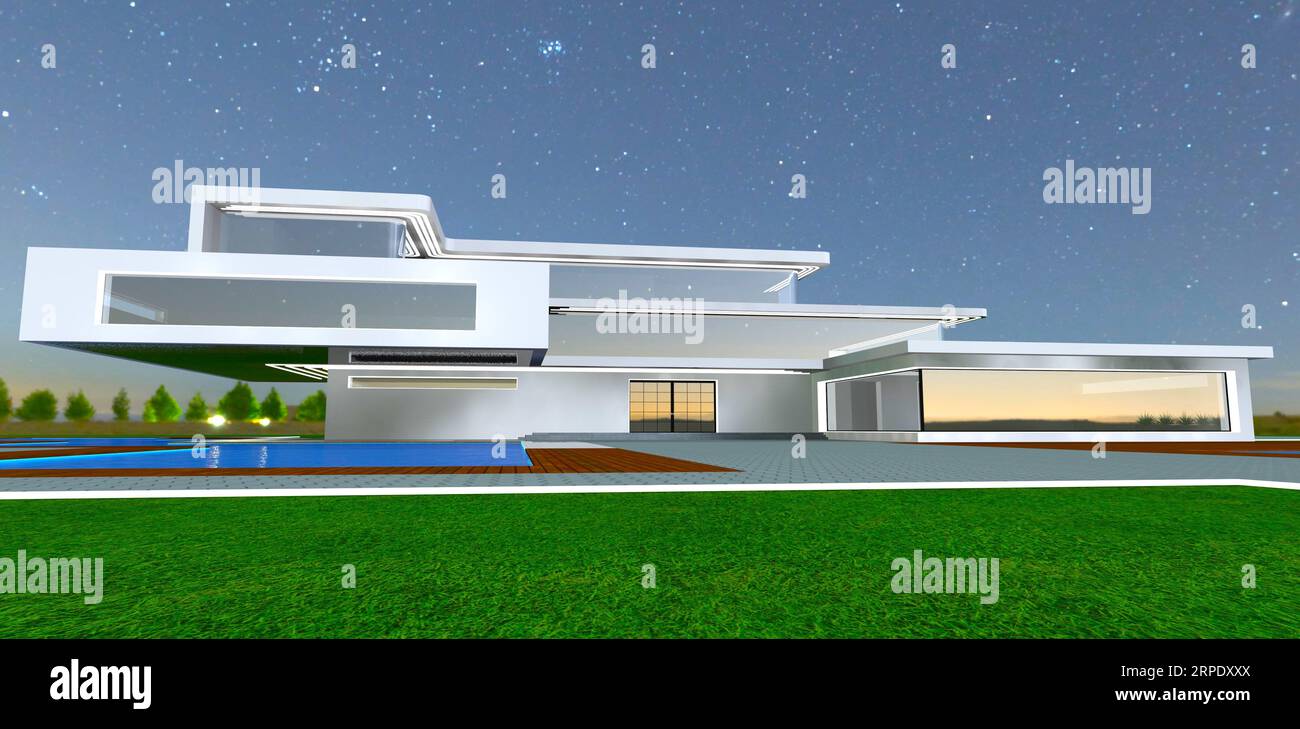 Riflesso del cielo notturno stellato estivo nelle grandi finestre panoramiche che riflettono l'ambiente. rendering 3d. Foto Stock