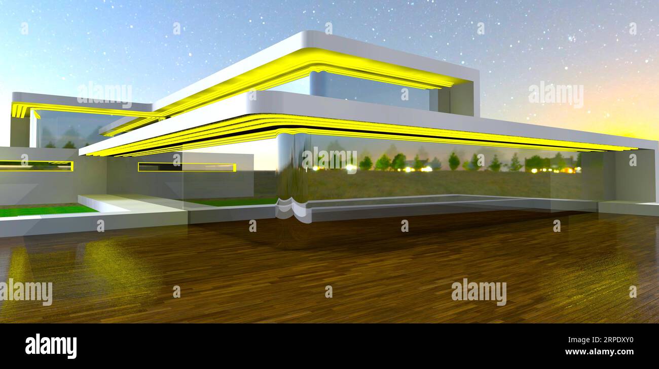 Riflesso del decor della facciata giallo brillante sulla terrazza coperta della moderna residenza privata con facciata panoramica in vetro. rendering 3d. Foto Stock