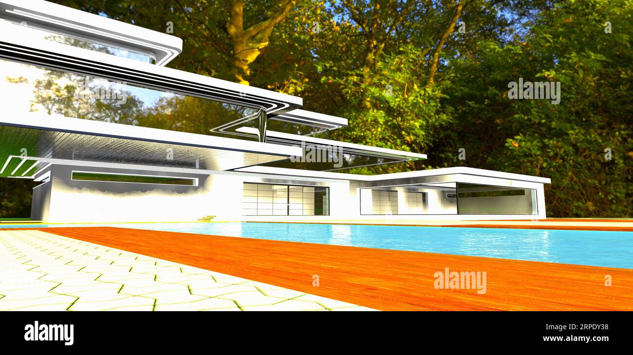 Il concetto contemporaneo della lussuosa villa con facciata in vetro riflettente. La vista nella soleggiata foresta autunnale. rendering 3d. Foto Stock