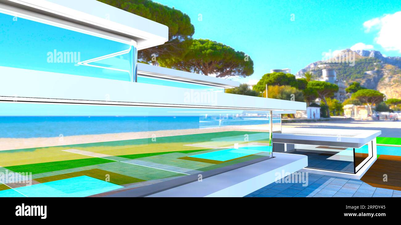 La spiaggia di sabbia del mare si riflette nell'esterno di vetro della lussuosa villa costruita sull'isola per una persona ricca sconosciuta di Larnaka. 3d ren Foto Stock