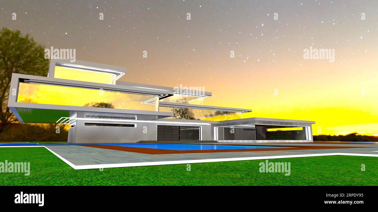 Il sorgere del sole dietro la lussuosa villa progettata di recente per persone ricche del Nevada. rendering 3d. Foto Stock