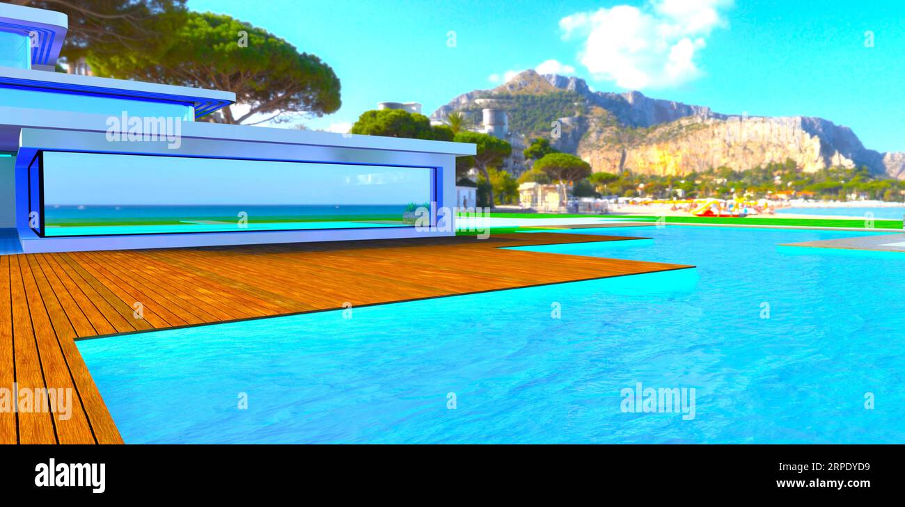 Vista della grande roccia dall'area coperta vicino alla piscina nel cortile della villa privata situata sull'isola tropicale. rendering 3d. Foto Stock