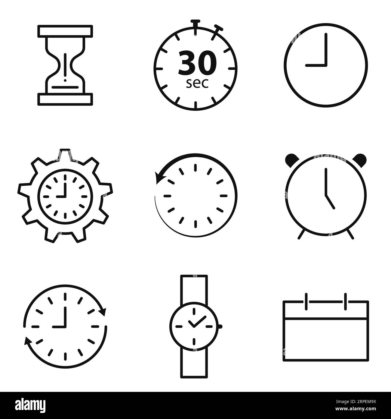 Impostazione dell'ora, timer, orologio da polso, sveglia e calendario varie icone Illustrazione Vettoriale