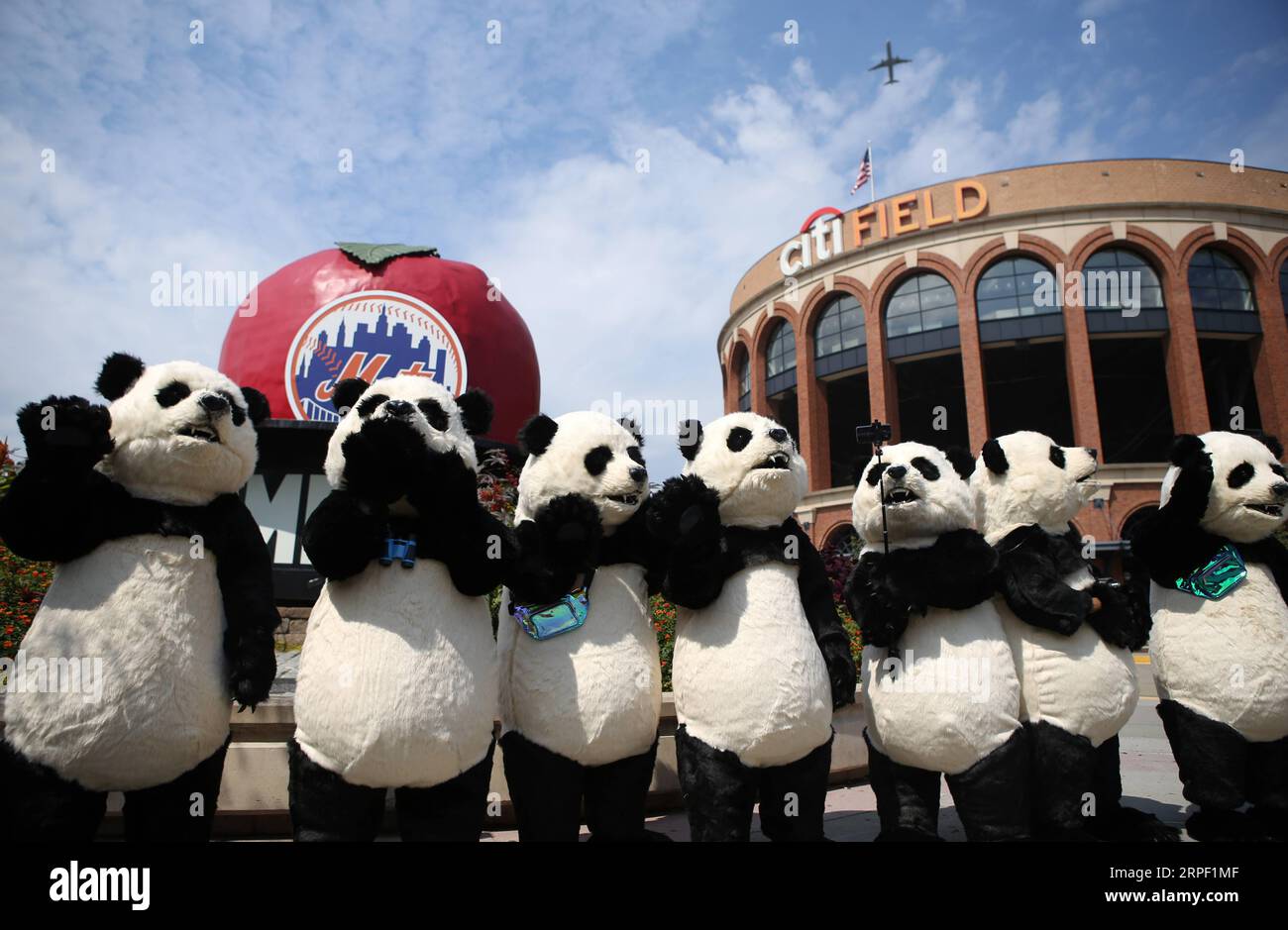 (190909) -- NEW YORK, 9 settembre 2019 -- i panda in costume visitano il Citi Field durante la cerimonia di lancio dell'Hello Panda Festival a New York, negli Stati Uniti, il 9 settembre 2019. Un festival invernale con lanterne cinesi, arti e cucine mondiali atterrerà a dicembre nel Citi Field di New York, il più grande del suo genere in Nord America, secondo una conferenza stampa di lunedì. Con una superficie di quasi 70.000 metri quadrati all'interno del famoso campo da baseball nel quartiere del Queens, l'Hello Panda Festival presenterà oltre 120 set di lanterne colorate. Il festival si terrà dal 6 dicembre 2019 Foto Stock