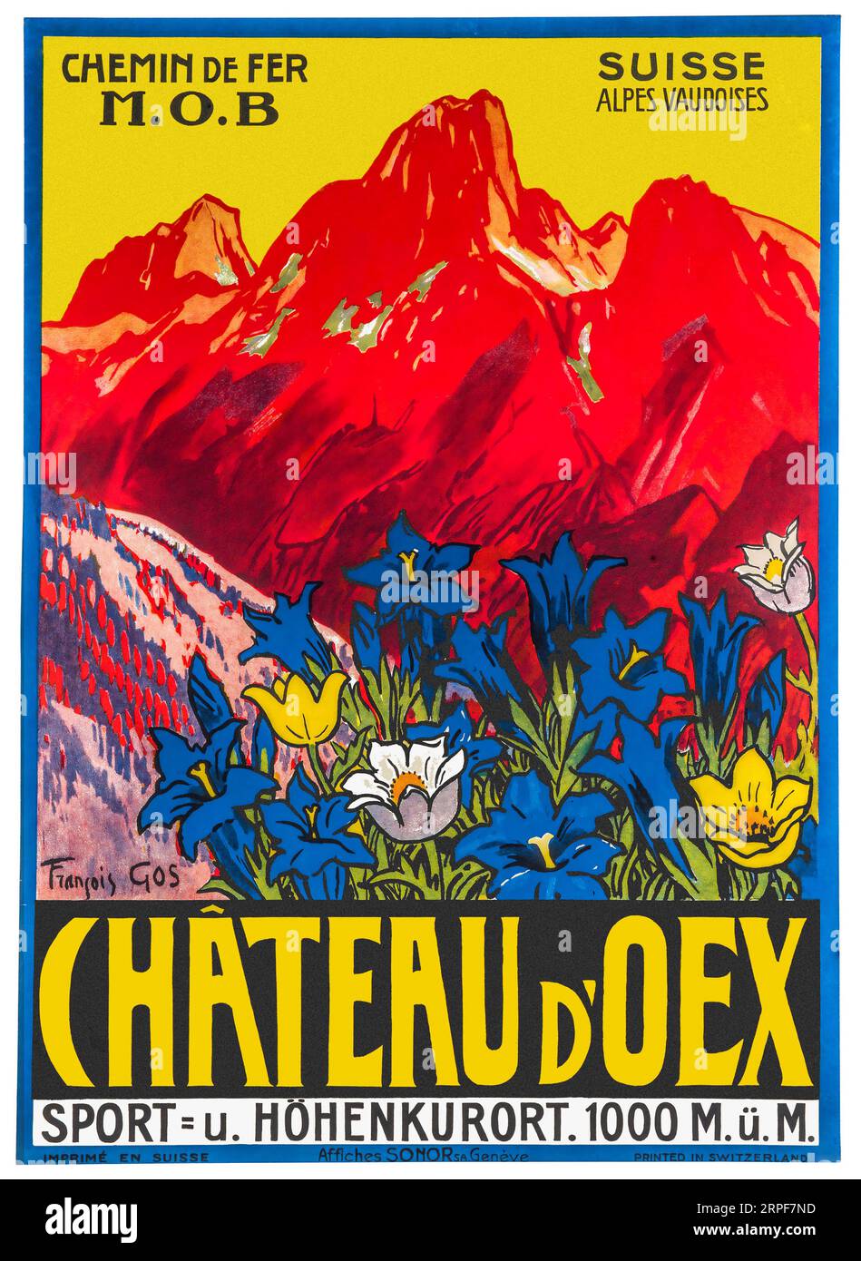 Poster di viaggio estivo dello Chateau d'Oex del 1930 dell'artista svizzero Francois Gos che mostra genziana e altri fiori insieme alle montagne Foto Stock