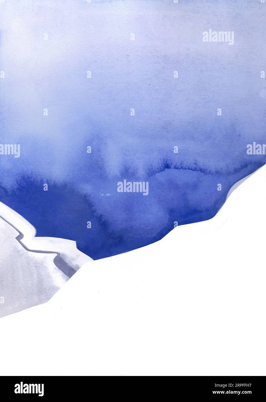 Paesaggio montano acquerello. Vista invernale. Scena per sciare. Sfondo astratto colorato. Blu e bianco. Poster per arte murale. Illustrazione. Foto Stock