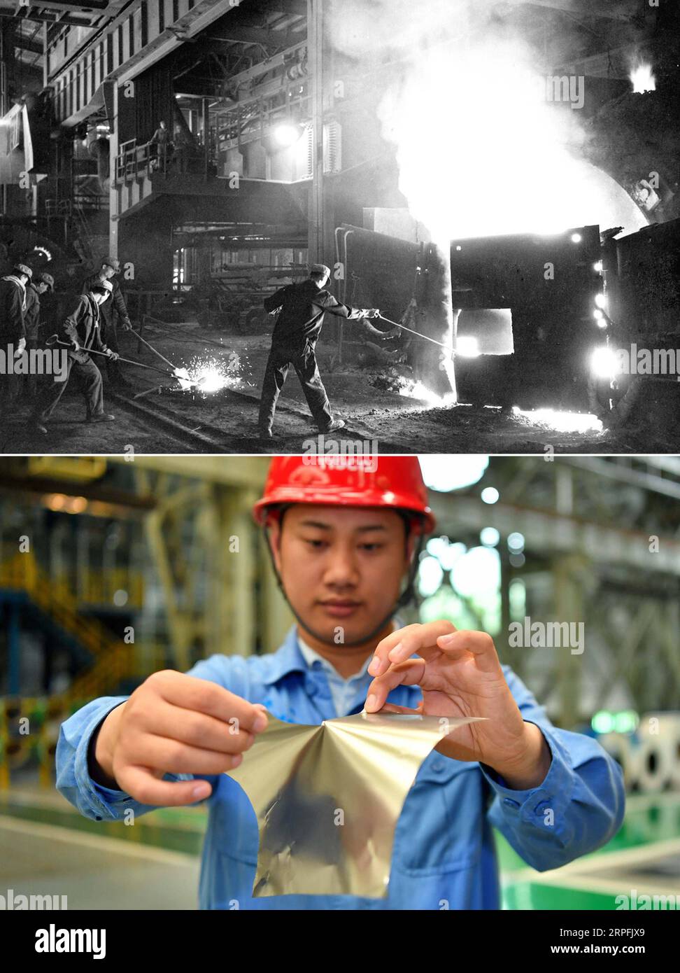 190926 -- PECHINO, 26 settembre 2019 -- Top: la foto del file scattata nel 1975 da You Yungu mostra i lavoratori del secondo stabilimento siderurgico della Taiyuan Iron and Steel Company, il predecessore del gruppo cinese Taiyuan Iron & Steel TISCO, che lavora presso un altoforno a Taiyuan, nella provincia dello Shanxi della Cina settentrionale. In basso: La foto scattata il 24 maggio 2019 da mostra un operaio di TISCO che sta strappando un pezzo di nastro di acciaio inossidabile ultrasottile di 0,02 mm di spessore a Taiyuan. In qualità di produttore leader di acciaio inossidabile, TISCO vanta la ricerca e lo sviluppo di prodotti in acciaio inossidabile ad alta tecnologia grazie a grandi sforzi nell'innovazione. Nel 1949, quando la P Foto Stock