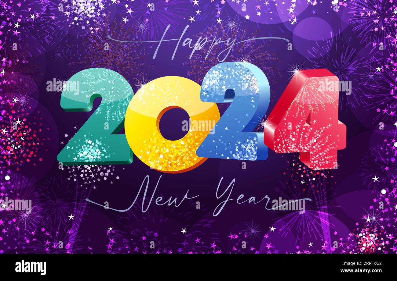 Buon anno 2024. Luccichini colorati isolati e fuochi d'artificio luccicanti. 3D numero 20 24. Un concetto di banner felice anno nuovo 2024 Illustrazione Vettoriale