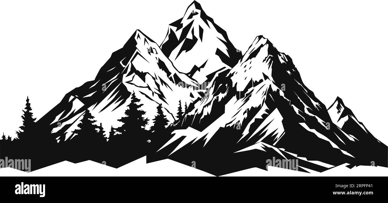 Silhouette di montagna - icona vettoriale. Picchi rocciosi. Catene montuose. Icona di montagna bianca e nera isolata Illustrazione Vettoriale