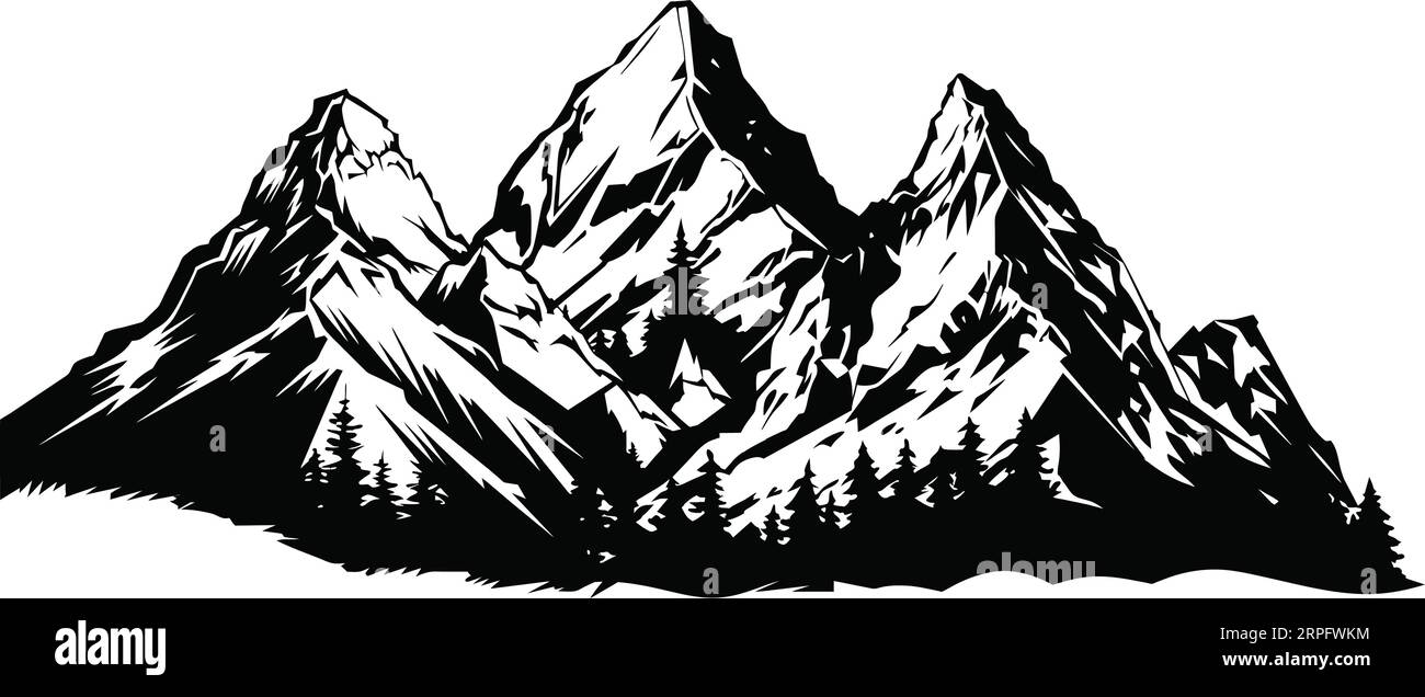 Silhouette di montagna - icona vettoriale. Picchi rocciosi. Catene montuose. Icona di montagna bianca e nera isolata. Illustrazione Vettoriale