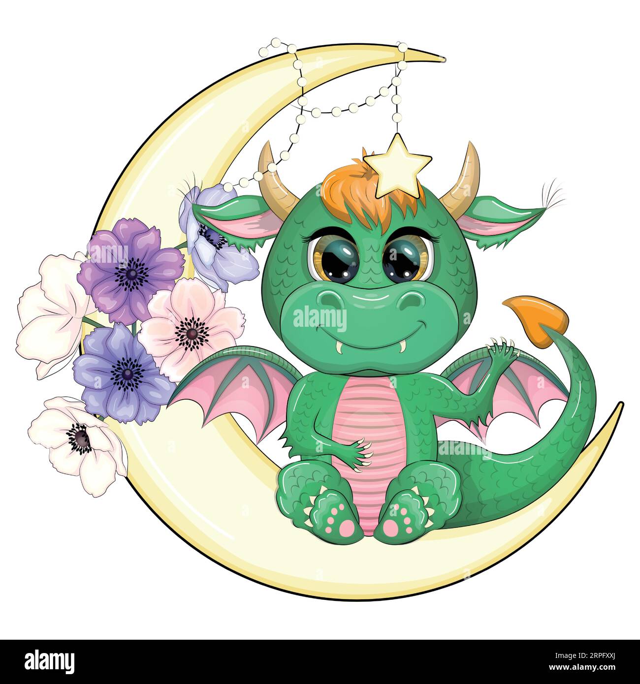 Un grazioso drago verde dei cartoni animati si siede sulla luna. Calendario  cinese dell'anno 2024 Immagine e Vettoriale - Alamy
