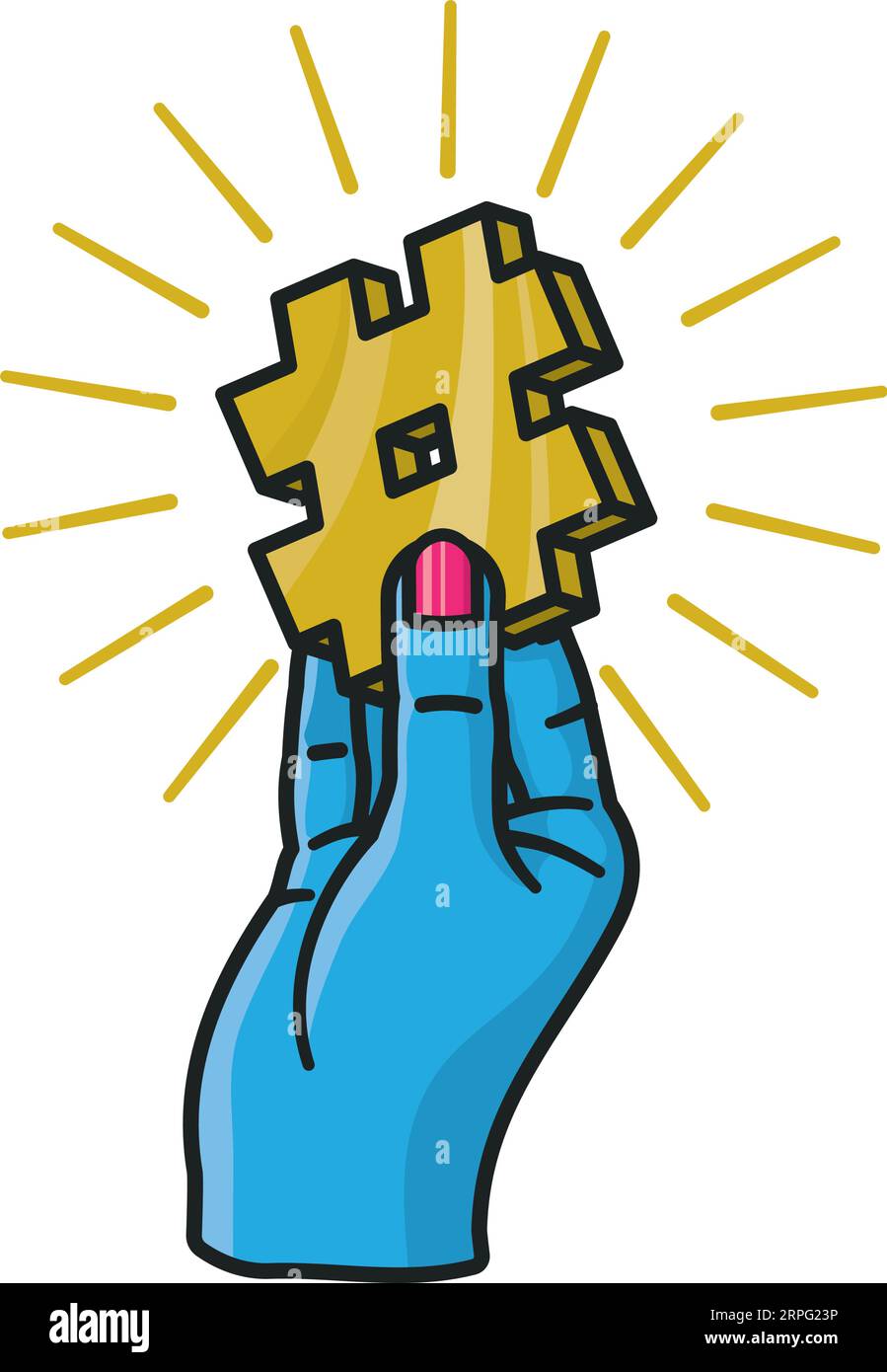 Mano umana blu con un'illustrazione vettoriale con un cartello hashtag dorato per il Social Media Day del 30 giugno Illustrazione Vettoriale