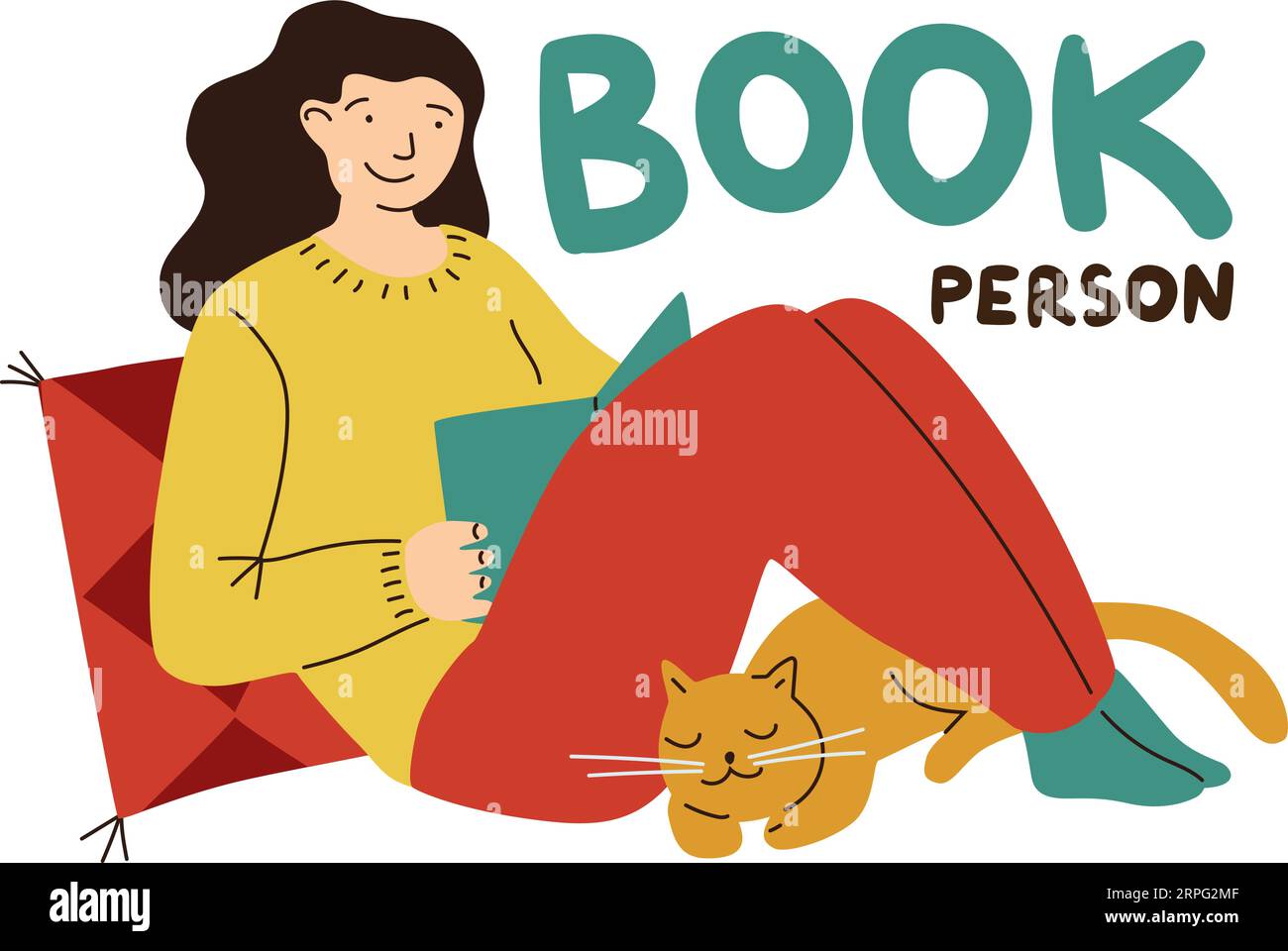 Donna dei cartoni animati che legge un libro. Ragazza seduta in posa intima con gatto. Amante della letteratura. Imparare le persone. Bookworm home leisure. Persona con cui rilassarsi Illustrazione Vettoriale