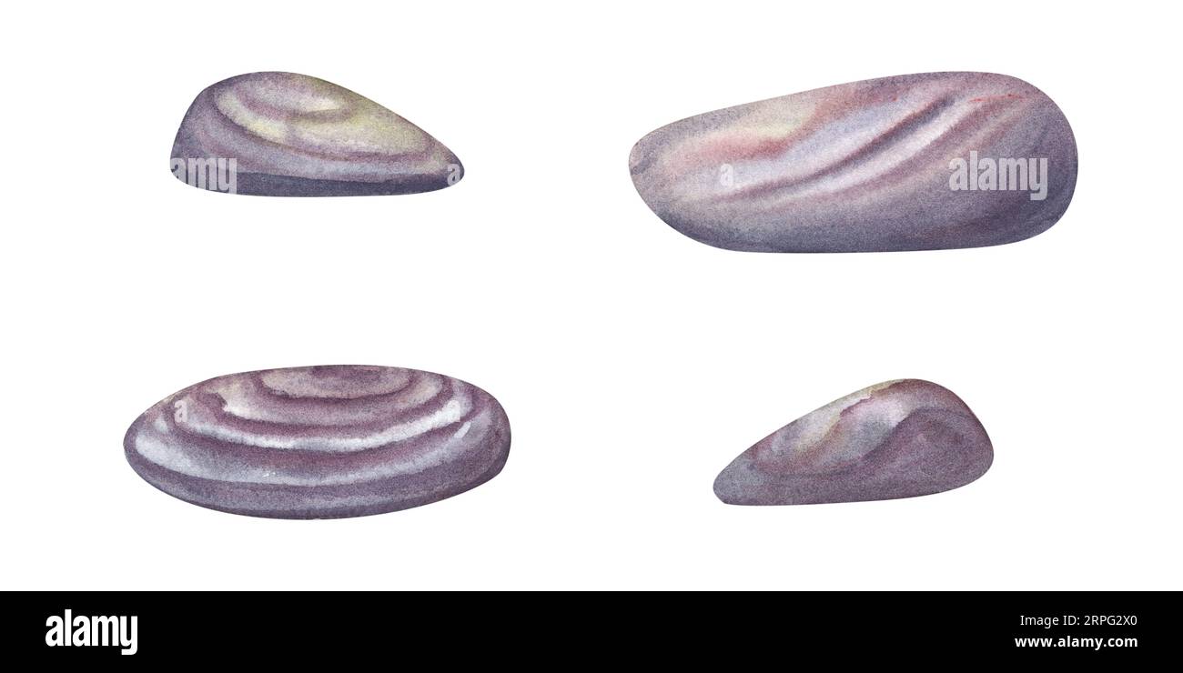 Set di pietre colorate. Illustrazione acquerello isolata su sfondo bianco. Per modello, banner, poster, stampa, cartolina, tessuti, decorazioni, tute Foto Stock