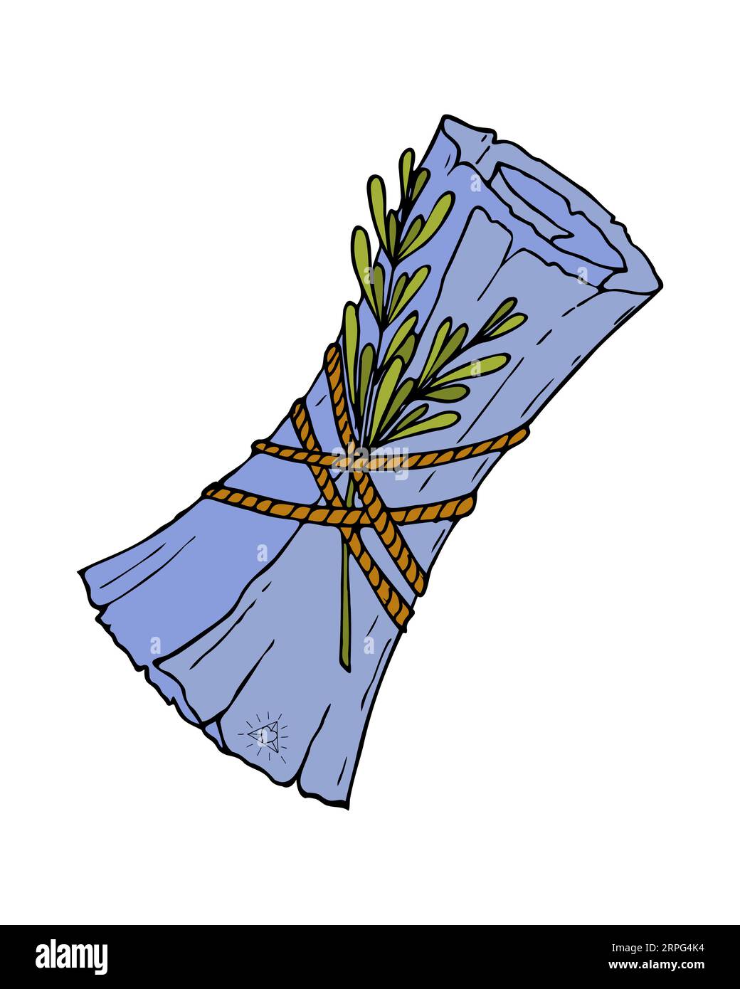 Rotolo con rametto di rosmarino legato con corda, stregoneria, cospirazioni, incantesimi, attributo di halloween, doodle disegnato a mano, scorrimento dei colori con bordo strappato Illustrazione Vettoriale