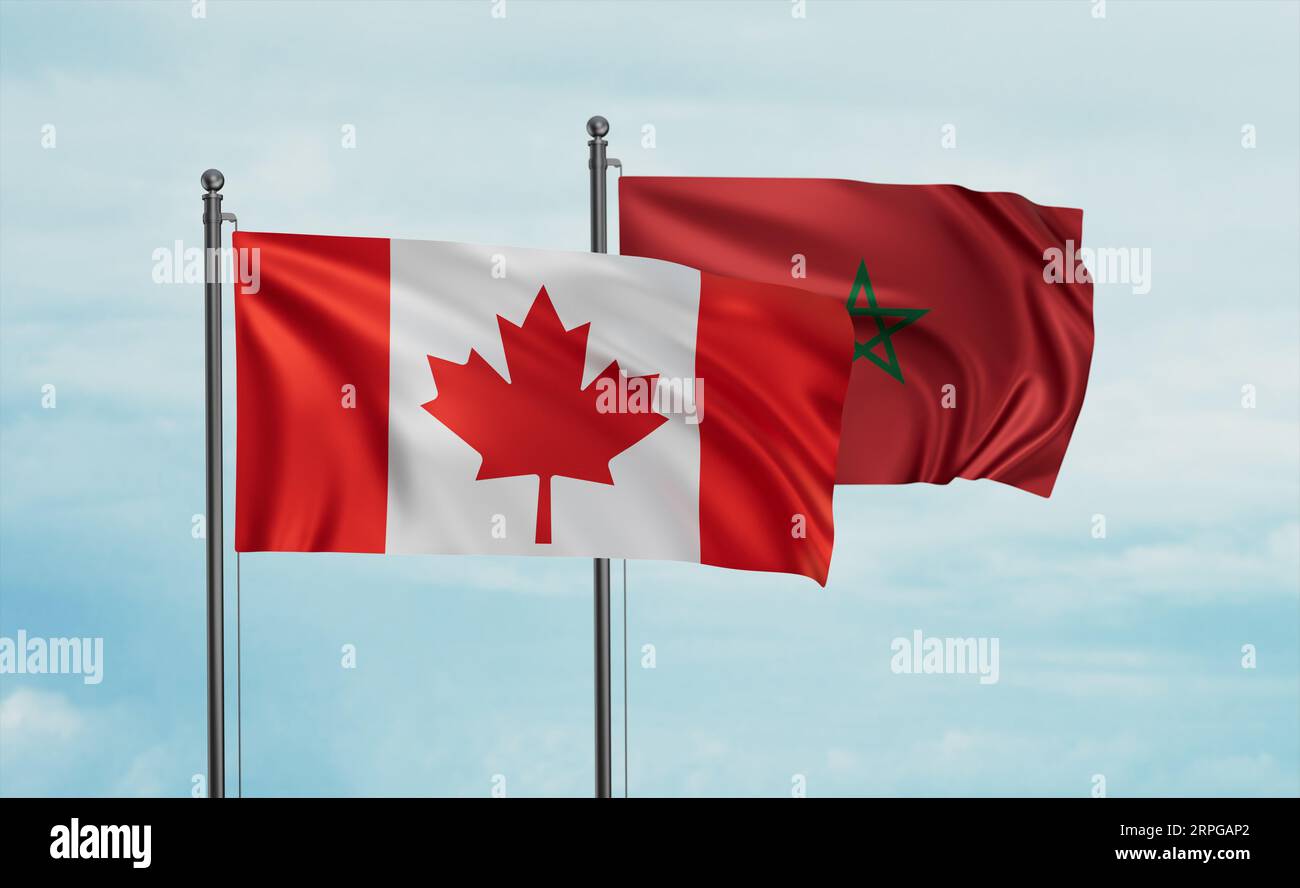 Bandiera del Marocco e bandiera del Canada che sventolano insieme sul cielo blu, concetto di cooperazione tra due paesi Foto Stock