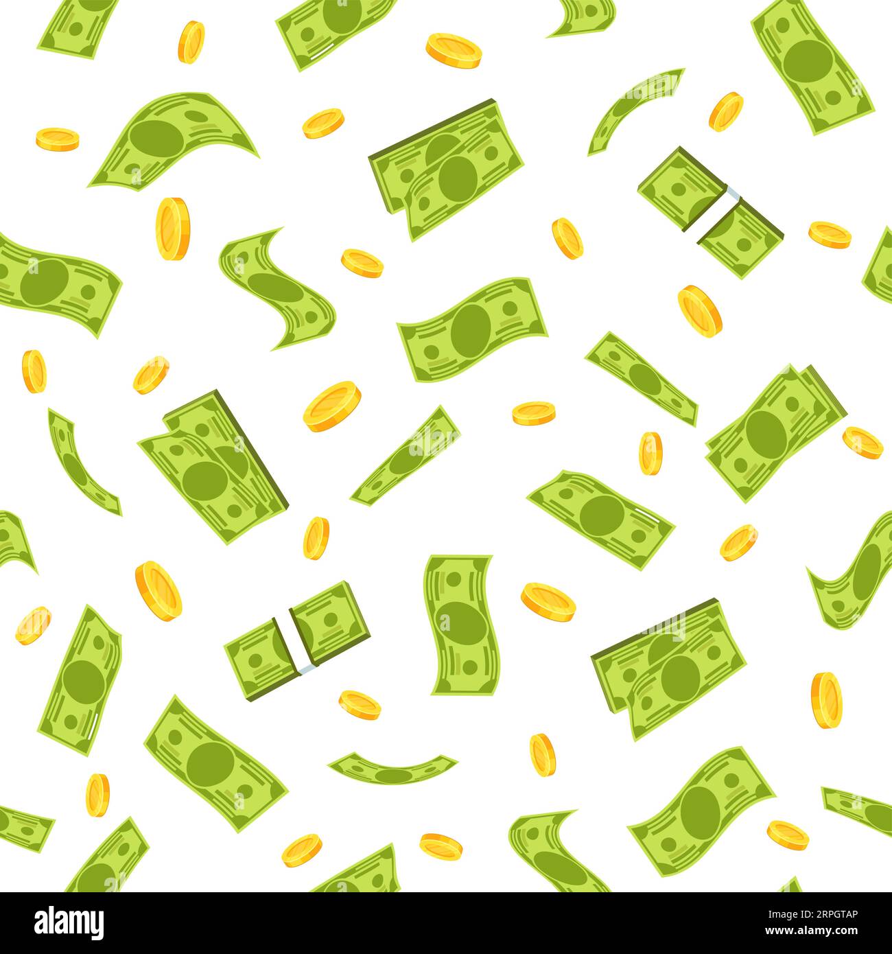 Modello perfetto con pacchetti di denaro e monete. Background finanziario, elementi volanti su sfondo bianco. Tessuto decorativo, carta da rivestimento, carta da parati Illustrazione Vettoriale