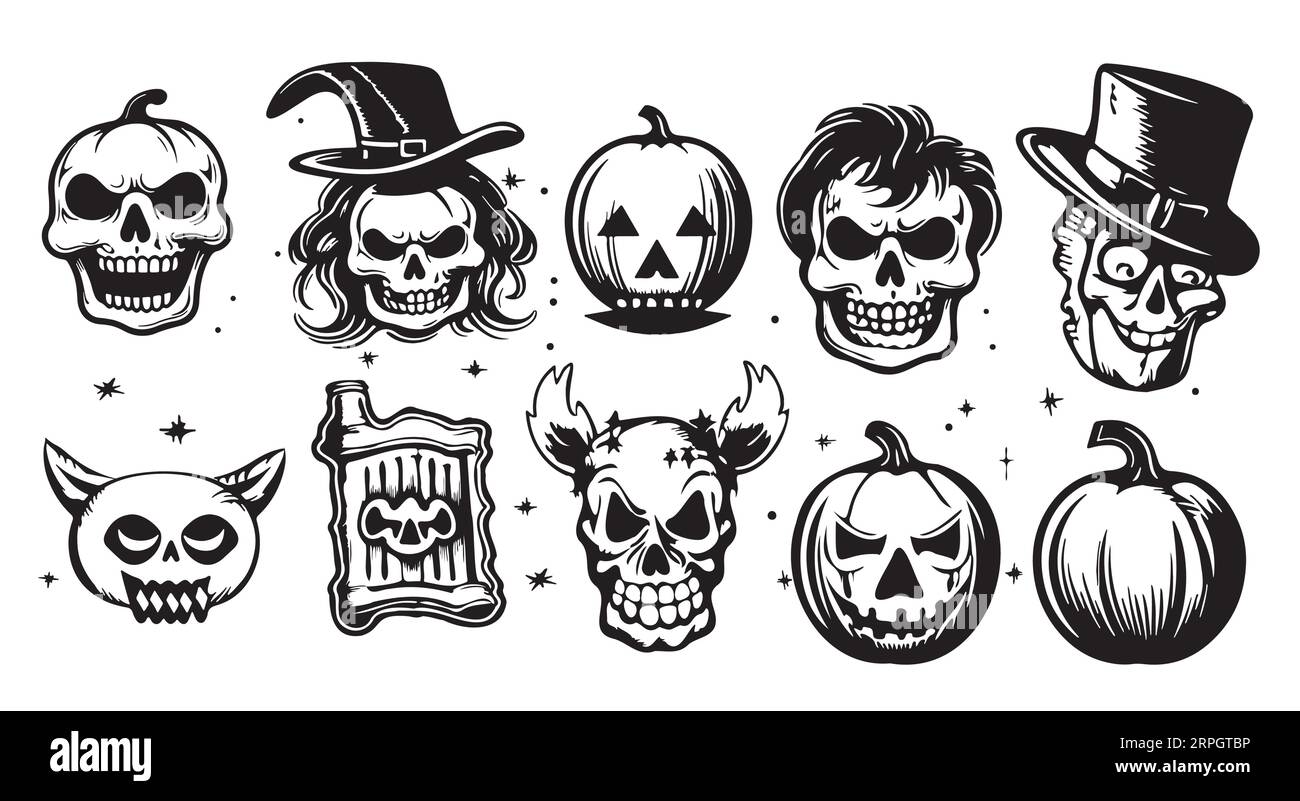 I simboli di Halloween sono disegnati a mano in stile fumetto .Vector Holiday of the Dead Illustrazione Vettoriale