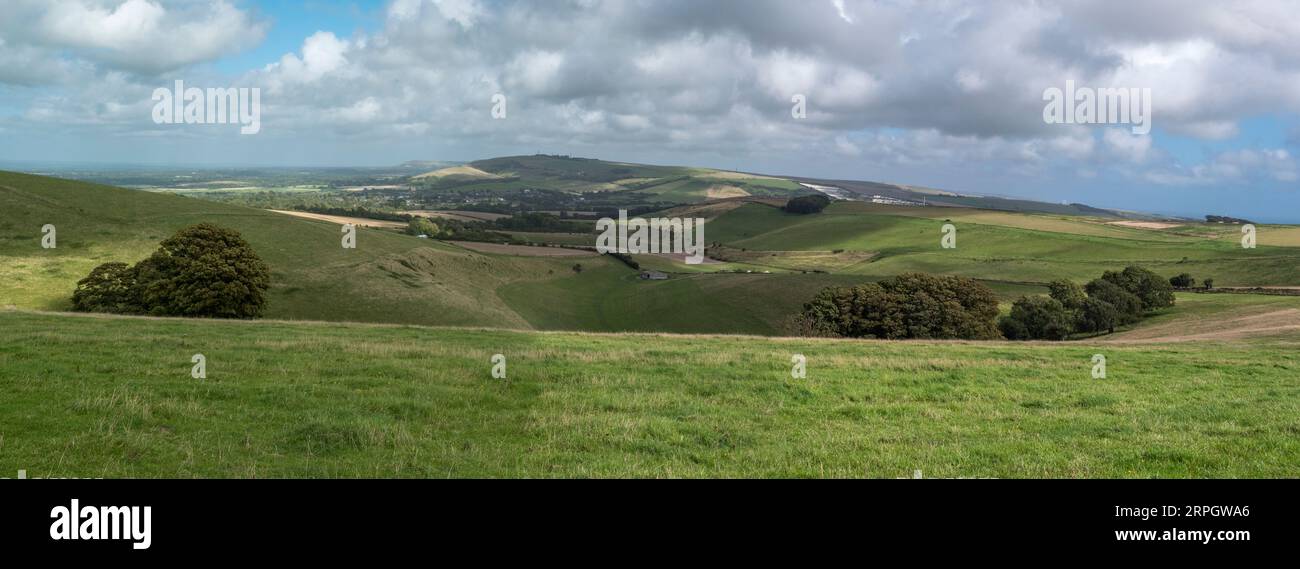 Vista panoramica dello Steyning Bowl verso est, West Sussex, Regno Unito. Foto Stock