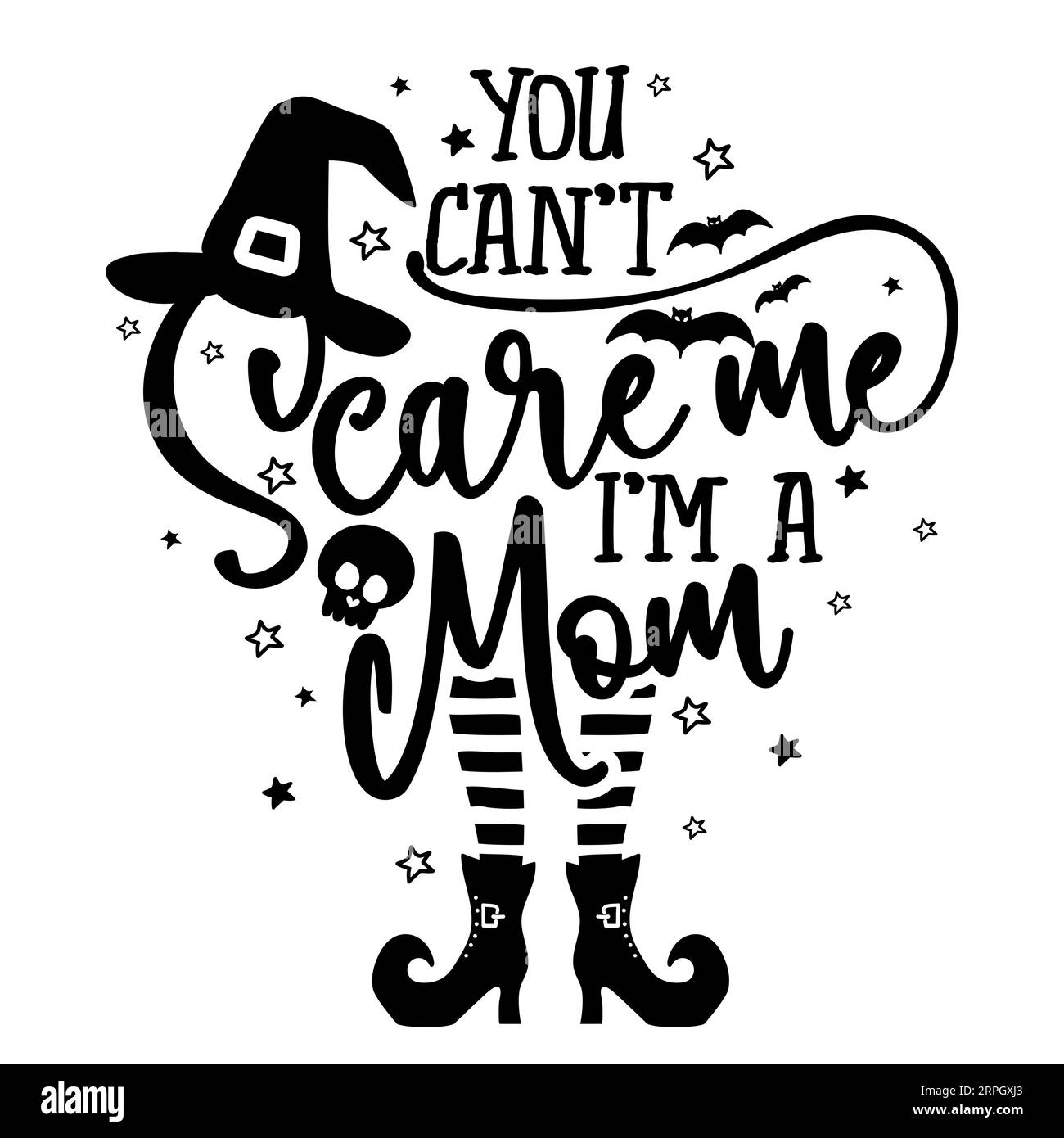 Non potete spaventarmi, io sono una mamma - citazione di Halloween su sfondo bianco con scopa, pipistrelli e cappello di strega. Buono per t-shirt, tazza, prenotazione rottami, regalo, pri Illustrazione Vettoriale