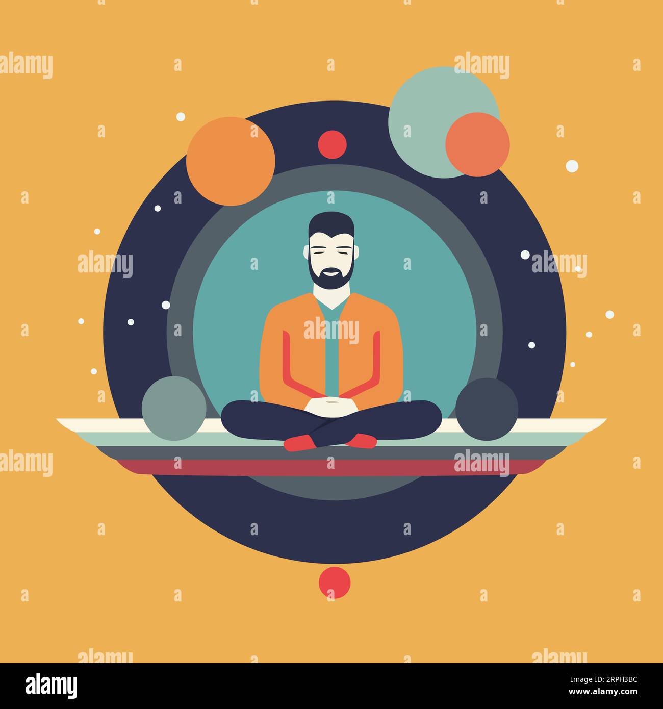 Uomo con barba in posa Yoga lotus, concept art, design minimalista piatto, isolato dallo sfondo, illustrazione vettoriale creativa. Illustrazione Vettoriale
