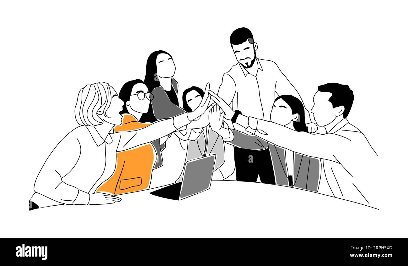 Team aziendale entusiasta che offre cinque vettori. Illustrazione Vettoriale