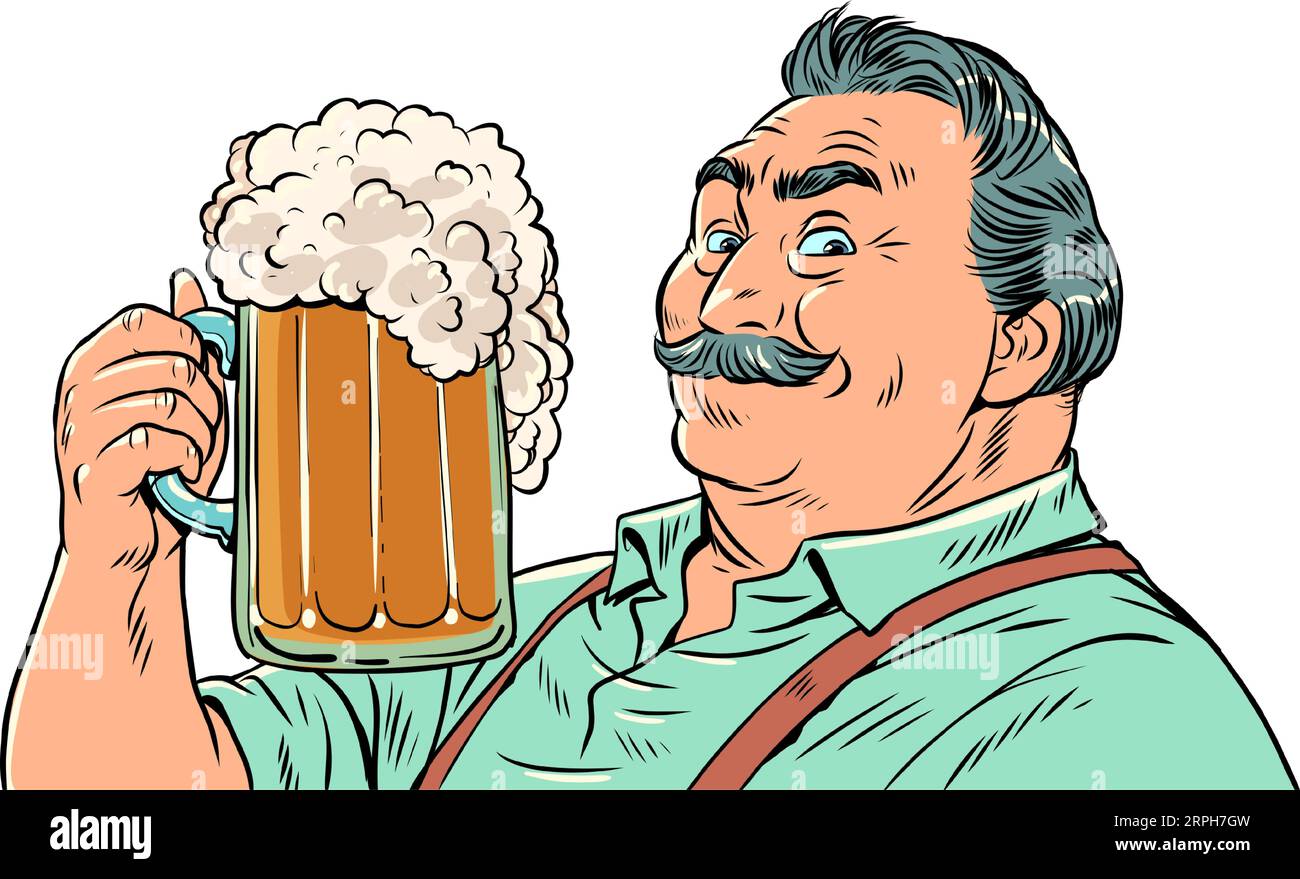 Ottimo alcool. Birra di qualità con molta schiuma. Un uomo con baffi tiene un bicchiere di birra. Pop Art retro Illustrazione Vettoriale