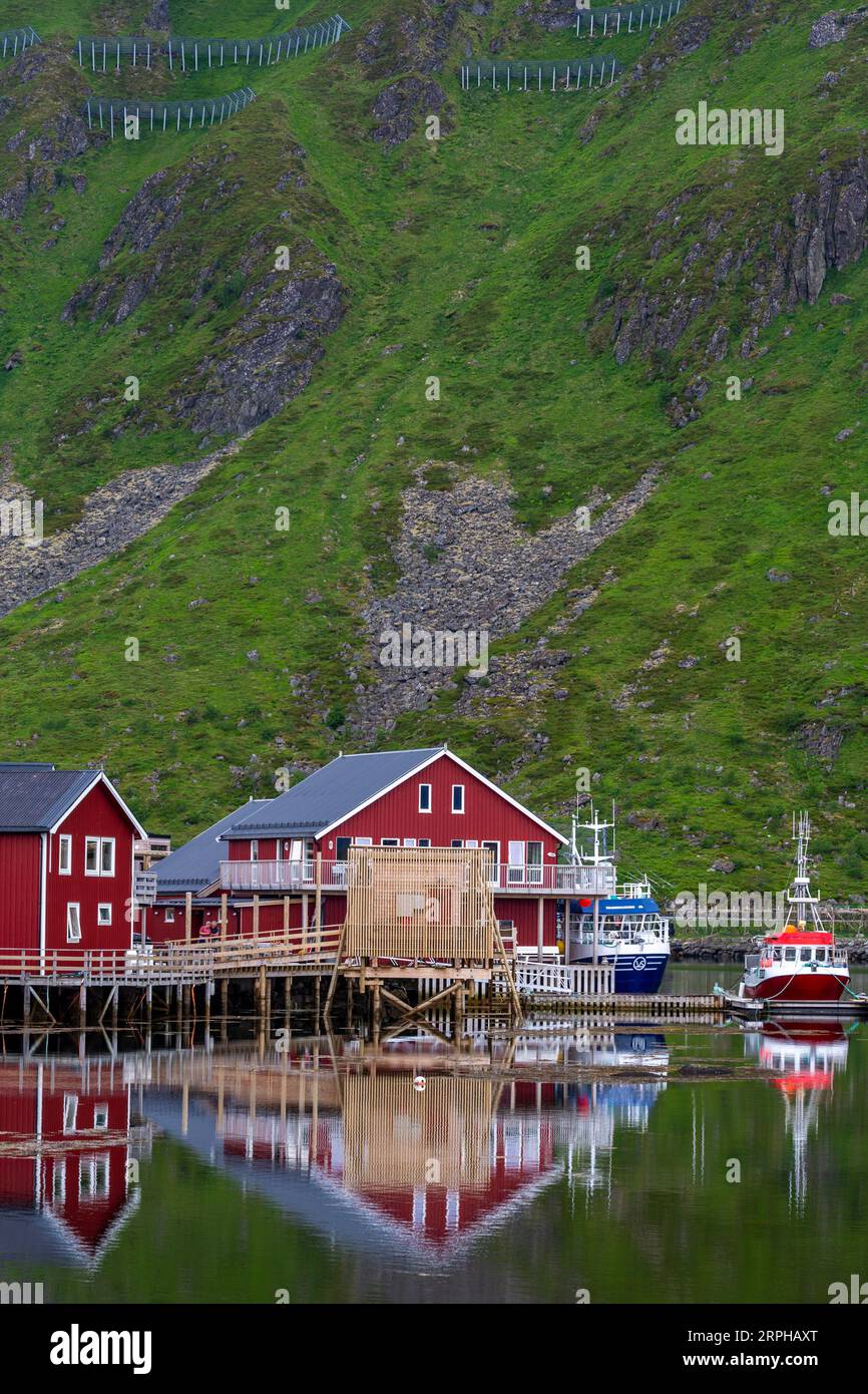 Villaggio di pescatori di Ballstad, Isole Lofoten, Contea di Nordland, Norvegia Foto Stock