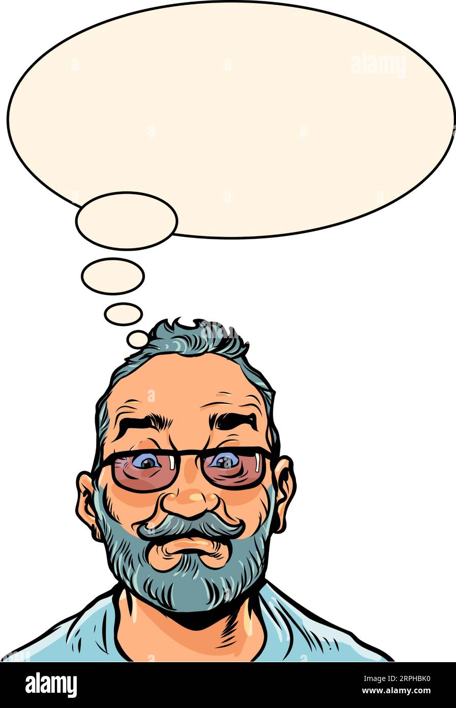 Pensare ai potenziali vantaggi. Il cliente sta pensando di acquistare. Un uomo adulto con la barba negli occhiali sta pensando a qualcosa. Pop Art Illustrazione Vettoriale