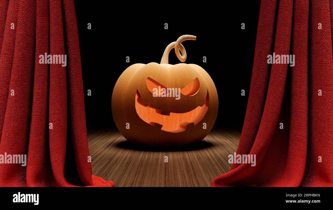 Zucca di Halloween su palcoscenico di legno con tende rosse rappresentazione 3d illustrazione 3D. Foto Stock